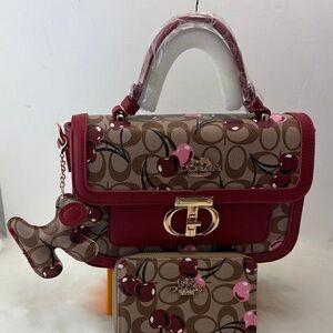 Designer inspired Cherry Print Shoulder Bag - Red and Brown set with wallet.